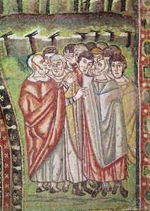 Het Hebreeuwse volk, detail van De gastvrijheid van Abraham en het offer van Isaak, 6e eeuw door Byzantine School