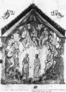 De apostelen verzameld voor de vervanging van Judas door Matthias, folio uit de Rabula-evangeliën
