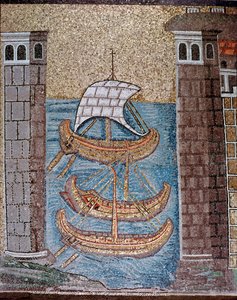 Uitzicht op boten in de haven van Classe (Detail) door Byzantine School