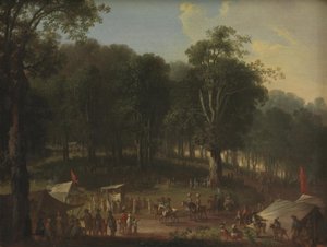 Een groep artiesten arriveert op de kermis bij Dyrehavsbakken nabij het Deer Park, ten noorden van Kopenhagen door C.A. Lorentzen