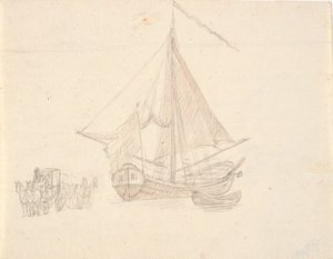 Een schip met zeil en wimpel en een sloep. Links twee paardenwagens door C.A. Lorentzen