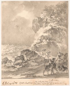 Rotsachtige kust met figuren in storm