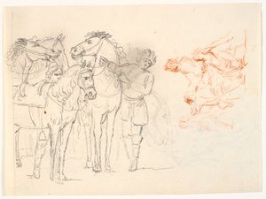Twee schetsen. Links een potloodschets met paarden en twee mannen. Rechts een roodkrijtschets met een figuurgroep