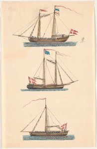 Drie Marineschepen met Deense Vlaggen. Roeiboten
