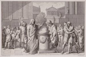 De Ontmoeting van Camillus en Manlius na de Terugtocht van de Galliërs, gegraveerd door B.Barloccini