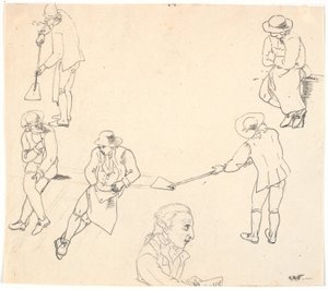 Schets met zes mannelijke figuren, twee met schoppen, drie zittend, en een mannenprofiel door C.D. Fritzsch