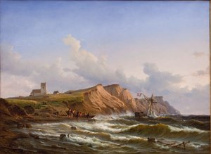 Schipbreuk na een storm voor de westkust van Jutland bij de kerk van Ferring door C.F. Sørensen