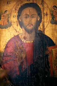 Christus, geschilderd op hout in de Agios Antonios kerk, Kavousi, Kreta, Griekenland (foto) door J.B. and Brown J. Rowbotham