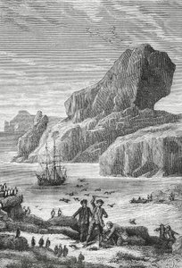 Ontdekking van Austral Frankrijk (Kerguelen-eilanden) door Franse ontdekkingsreiziger Yves-Joseph de Kerguelen-Tremarec (1734-1797), februari 1772, gravure, Indische Oceaan, Gebied van de Franse Zuidelijke en Antarctische Gebieden
