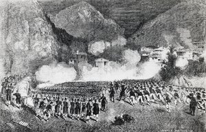 Divisie van generaal Giacomo Medici valt Levico Terme aan, Trentino-Zuid-Tirol, juli 1866, Derde Onafhankelijkheidsoorlog, gravure, Italië door J.B. and Brown J. Rowbotham
