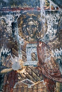 Paard, beschadigde fresco op plafond van de kerk van Agios Vasileios, Vavouledo, Kreta, Griekenland (foto) door J.B. and Brown J. Rowbotham