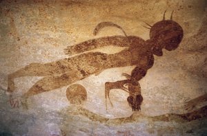 Menselijke figuur in de stijl van mannen met ronde hoofden, rotsschildering, Tassili n