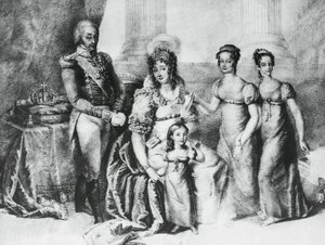 Portret van Victor Emmanuel I, Koning van Sardinië en Hertog van Savoye, Piëmont en Aosta, met zijn vrouw Maria Theresa van Oostenrijk-Este en zijn dochters, Maria Teresa van Savoye (1803-1879), Maria Anna van Savoye en Maria Cristina van Savoye