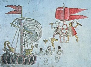 Spaanse soldaten van Hernan Cortes waden aan land in 1519 om de Azteken te bevechten, gekopieerd uit de Codex Azcatitlan, ca. 1550 door J.B. and Brown J. Rowbotham