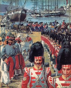 Britse troepen komen aan in Malta op weg naar de Krim (kleurenlitho)