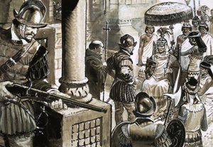 Francisco Pizarro, de meedogenloze veroveraar van het Incarijk, ontmoet koning Atahualpa