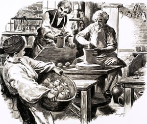 Josiah Wedgwood ging in de leer bij het pottenbakkersbedrijf van de familie (gouache op papier) door C.L. Doughty
