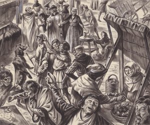 Kooplui op een middeleeuwse kermis (gouache op papier) door C.L. Doughty