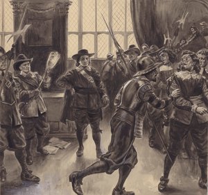 Oliver Cromwell die de overgebleven leden van het Lagerhuis verdrijft door C.L. Doughty