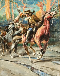 The Exploits of a Highwayman (gouache op papier) Na elke overval leek William Page zichzelf te kunnen wegcijferen - tot de volgende van zijn gedurfde escapades; zijn reeks successen werd gestopt bij een poging tot overval op de Great North Road;