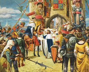 Ongeïdentificeerde koning begroet door hoogwaardigheidsbekleders door C.L. Doughty
