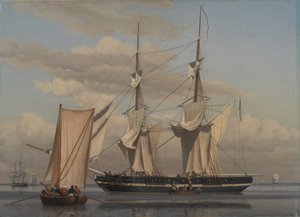 Een Amerikaanse marinebrig die voor anker ligt terwijl haar zeilen drogen
