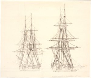 Een korvet en een brik voor anker door Christoffer Wilhelm Eckersberg