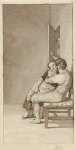 Een paar bespied door een vrouw in een halfopen deur door Christoffer Wilhelm Eckersberg