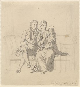 Een jong echtpaar zittend op een bank, zij met een kind op de arm door Christoffer Wilhelm Eckersberg
