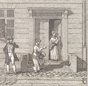 Straatscène, twee meisjes, een heer en een vrouw kijken naar iets
