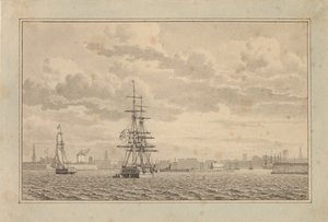 Kopenhagen gezien vanaf de Buitenhaven met een brig voor anker en een varende sloep door Christoffer Wilhelm Eckersberg
