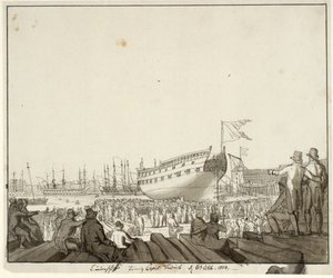Linienschip Prins Christian Frederik wordt te water gelaten door Christoffer Wilhelm Eckersberg
