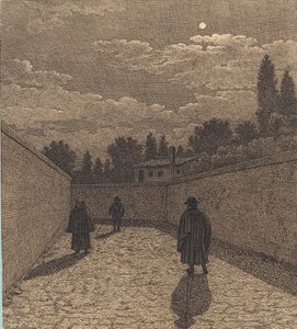 Maanlicht over een weg met drie figuren. Illustratie voor "Linearperspectiven", Plaat IV