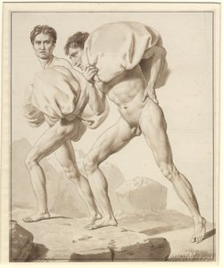 Mozes scheidt de wateren en het leger van de farao wordt verzwolgen - Studie voor twee Israëlieten die beladen met bagage wandelen door Christoffer Wilhelm Eckersberg