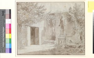 Deel waarschijnlijk van de tuin van Palazzo Barberini met Romeinse Antinous-standbeeld in Egyptische stijl, Rome