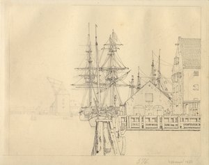 Partij van een van de scheepswerven in Christianshavn, op de achtergrond de mastkraan door Christoffer Wilhelm Eckersberg