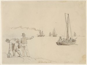 Passagiers worden overgezet naar het stoomschip Caledonia