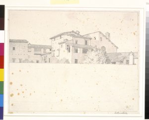 Romeinse huizen, gezien over een muur door Christoffer Wilhelm Eckersberg
