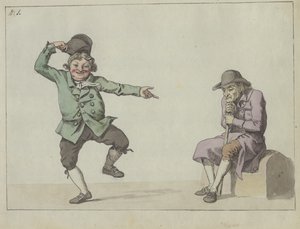 Satirisch blad; een man springt en lacht terwijl hij wijst naar een zittende oude man