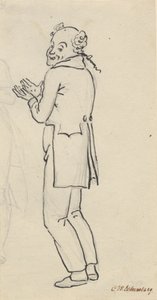 Satirisch blad; een glimlachende man, gezien van opzij, met beide handen voor de borst, en een deel van een lichte potloodschets [afgesneden] door Christoffer Wilhelm Eckersberg