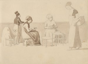 Scène van een binnenplaats of kade in Parijs. Vier zittende, staande en lopende figuren. door Christoffer Wilhelm Eckersberg