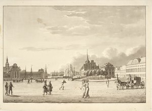 Plein in Kopenhagen met Holmens Kerk, Beurs, de nu verdwenen bank en kanselarijgebouw ("Het Rode Gebouw")