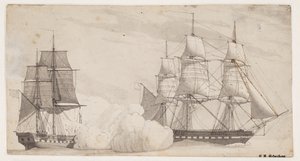 Twee oorlogsschepen in gevecht (de Engelse fregat Shannon en de Amerikaanse fregat Chesapeake?) door Christoffer Wilhelm Eckersberg