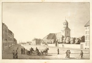 Uitzicht over Sankt Annæ plaats met Garnisonskirken door Christoffer Wilhelm Eckersberg