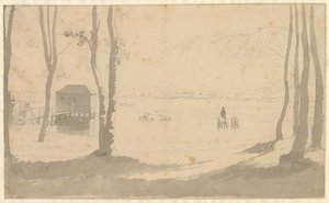 Uitzicht over een meer, links een badhuis, in het midden ruiters die paarden drenken, de voorgrond is bebost