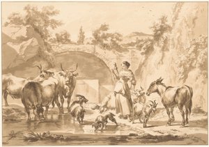 Spinnende herderin met kudde door C. Dietrich (prentmaker) (possibly)
