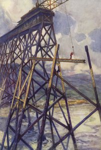 Het plaatsen van het staal van de Battle River Viaduct van de Grand Trunk Pacific Railway, Canada (kleur litho)
