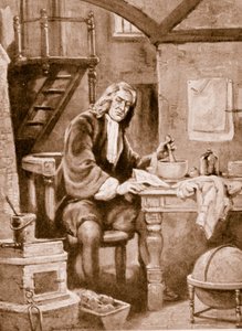 Sir Isaac Newton in zijn kleine kamer