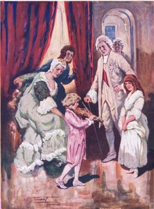 Het winnen van de harten van zijn koninklijk publiek: Mozarts eerste optreden aan het Oostenrijkse hof (kleur litho) door C. Dudley Tennant