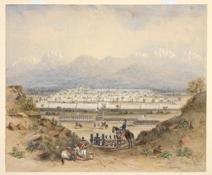 Een generaal die cavalerie en infanterie inspecteert, die op het punt staan een ommuurde stad in bergachtig gebied binnen te gaan, misschien Kandahar (N.W.F.P.). 1843, naar een eerdere schets. door C. Graham